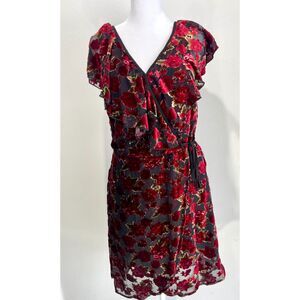 velvet dress Sheer red flower festive holiday romantic ruffle flare women's L